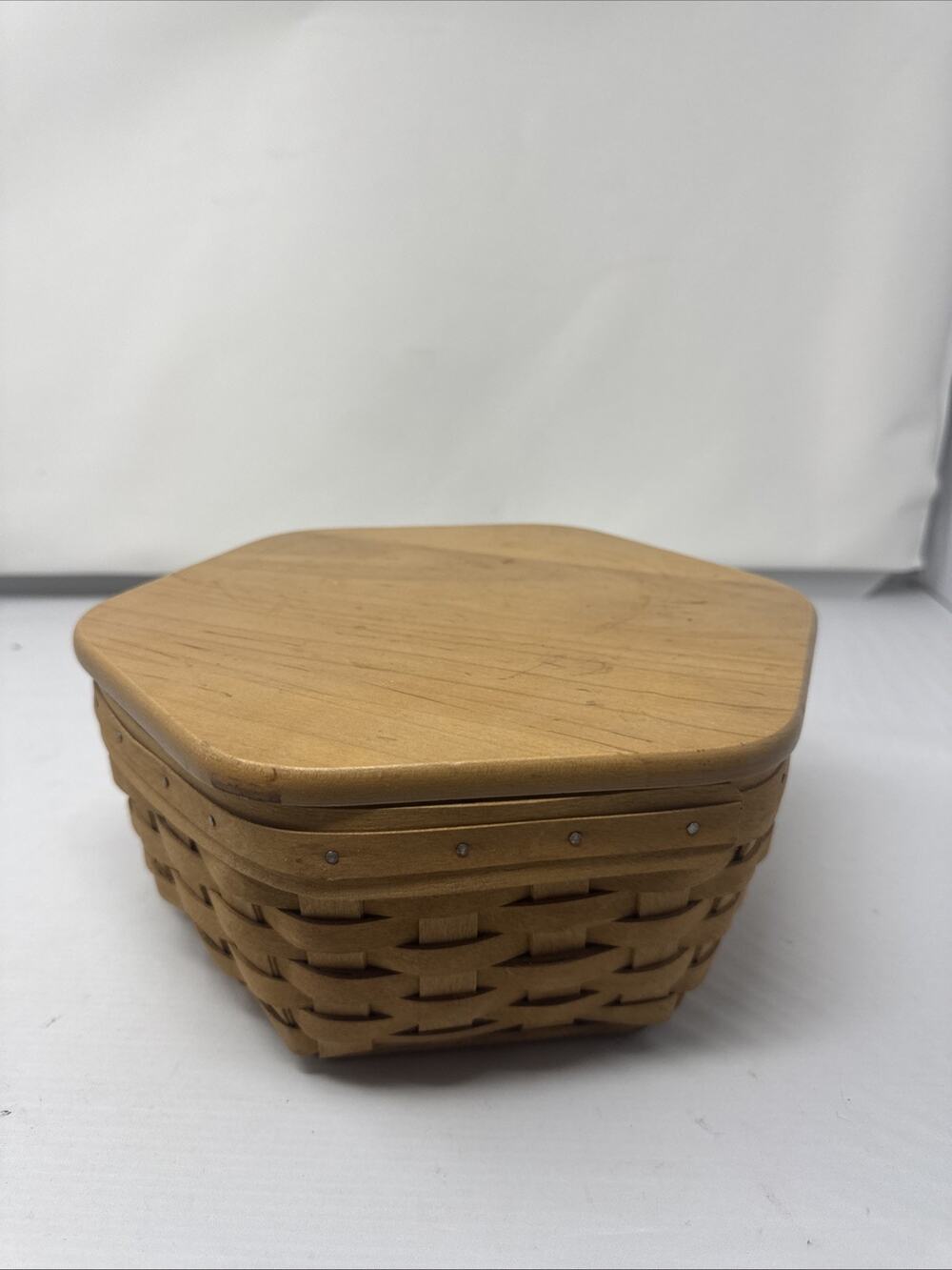 Longaberger 1997 Hexagonal 10" Generations Basket Wood Lid Plastic Protector Set